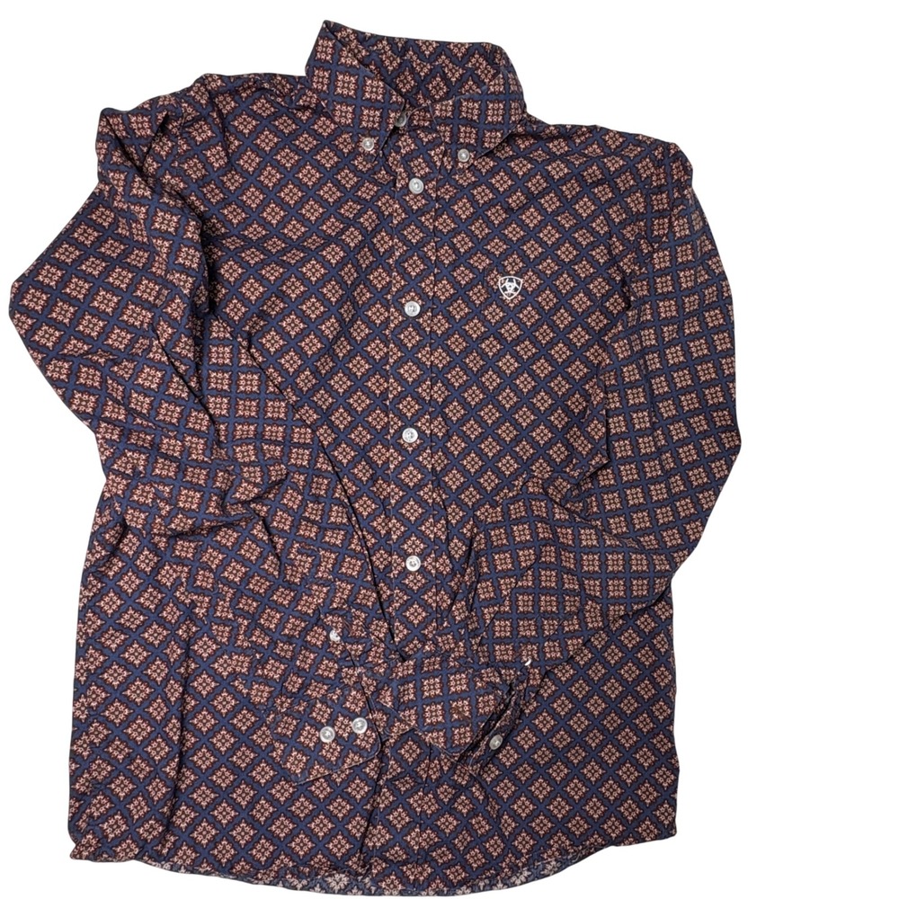 Ariat Boys L 14-16 Button Down Shirt Blue Brown Geometric Western Long Sleeve